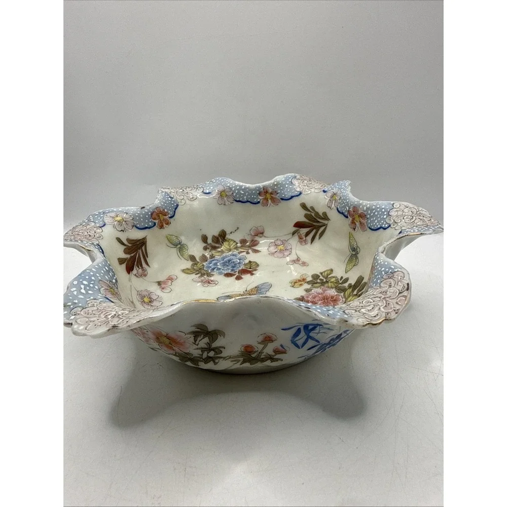 Vintage D&M NY Asian Style Porcelain Satsuma Cabbage Bowl Stamped Scalloped